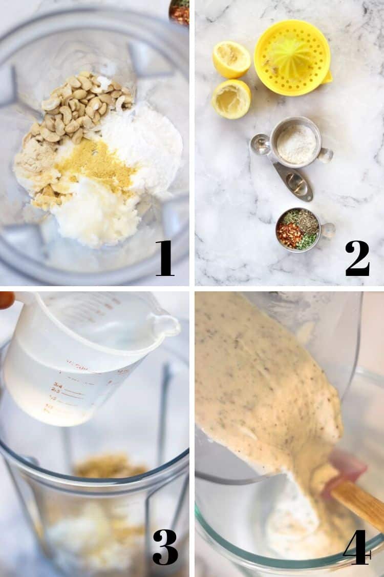 a collage of photos for how to make vegan herb cheese in a blender showing the blending process