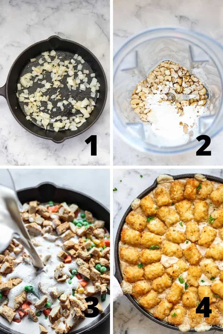 collage of photos for how to make vegan tater tot casserole in a cast iron skillet