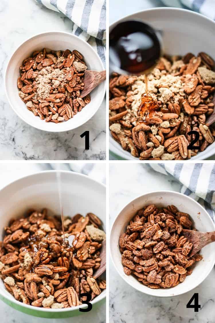 overhead process shot of spices and sugar being added to bowl of pecans followed by maple syrup and coconut oil and then being stirred to coat pecans well