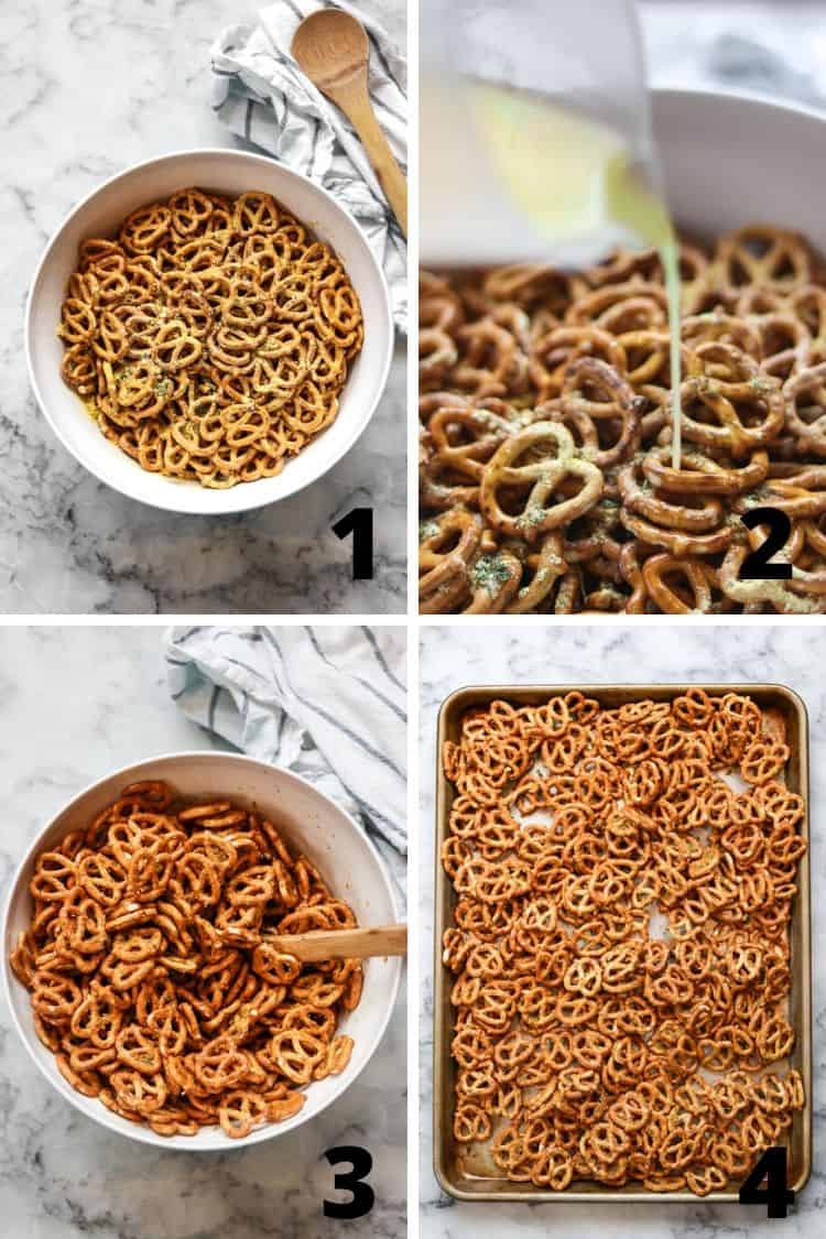 four overhead process shots showing pretzels being mixed with seasonings, stirred, and poured onto a baking tray