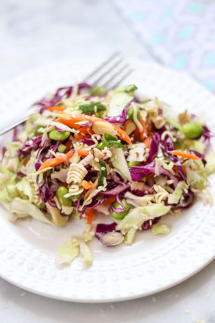 Plate of cabbage ramen salad.