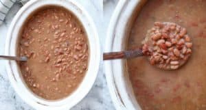 cooked pinto beans in a crock pot - collage of 2 images