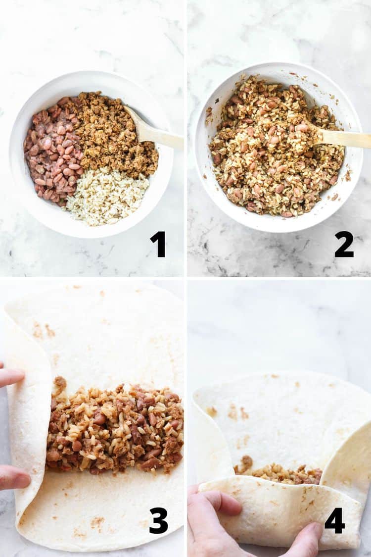 overhead process shots of mixing beans, rice, and veggie crumbles together, then filling and wrapping it in a burrito shell