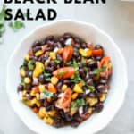 overhead photo of white bowl filled with salad with text overlay for pinterest
