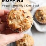 overhead closeup image of hand holding banana muffin with text overlay for pinterest