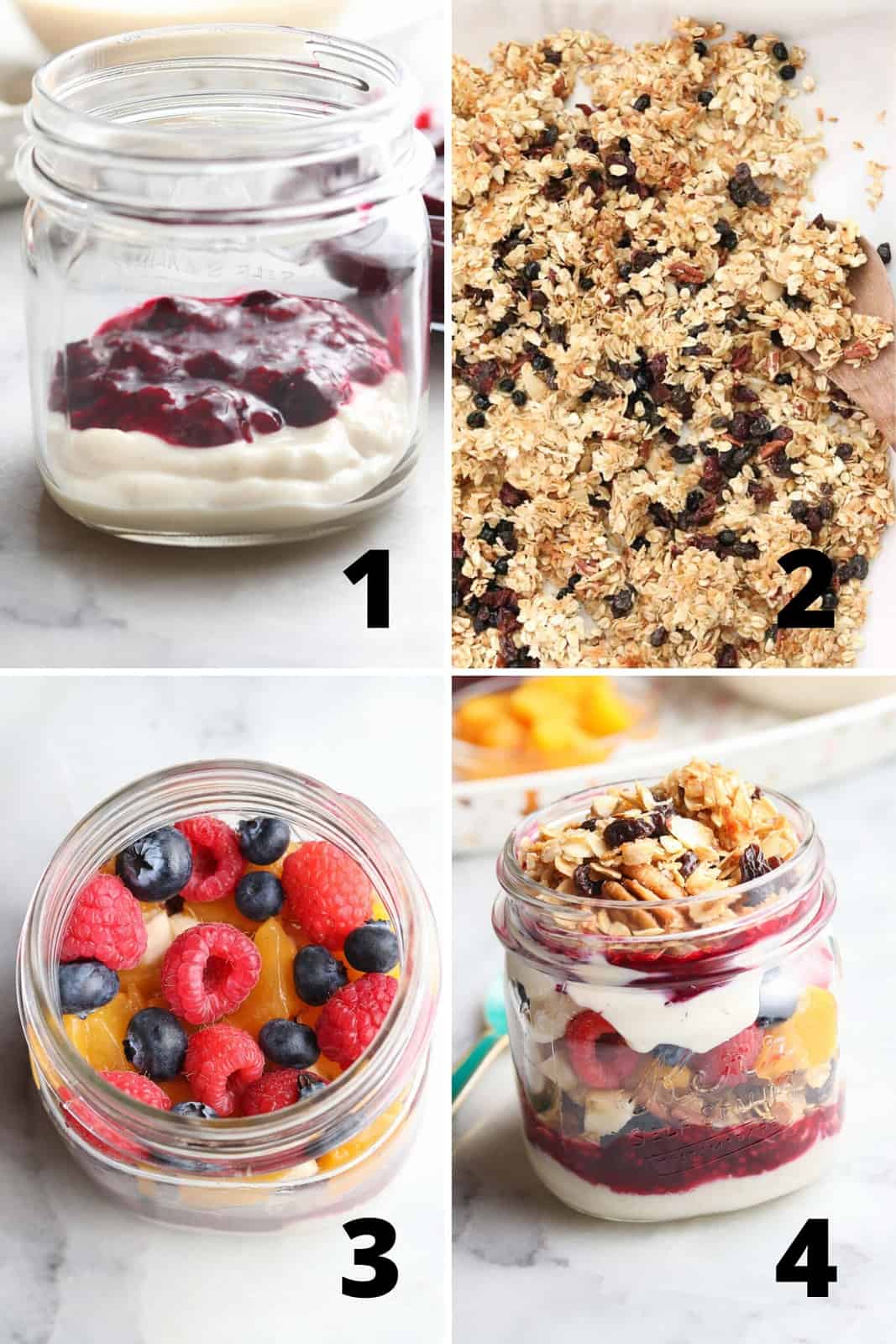 collage of four photos showing assembly of layers for vegan parfait