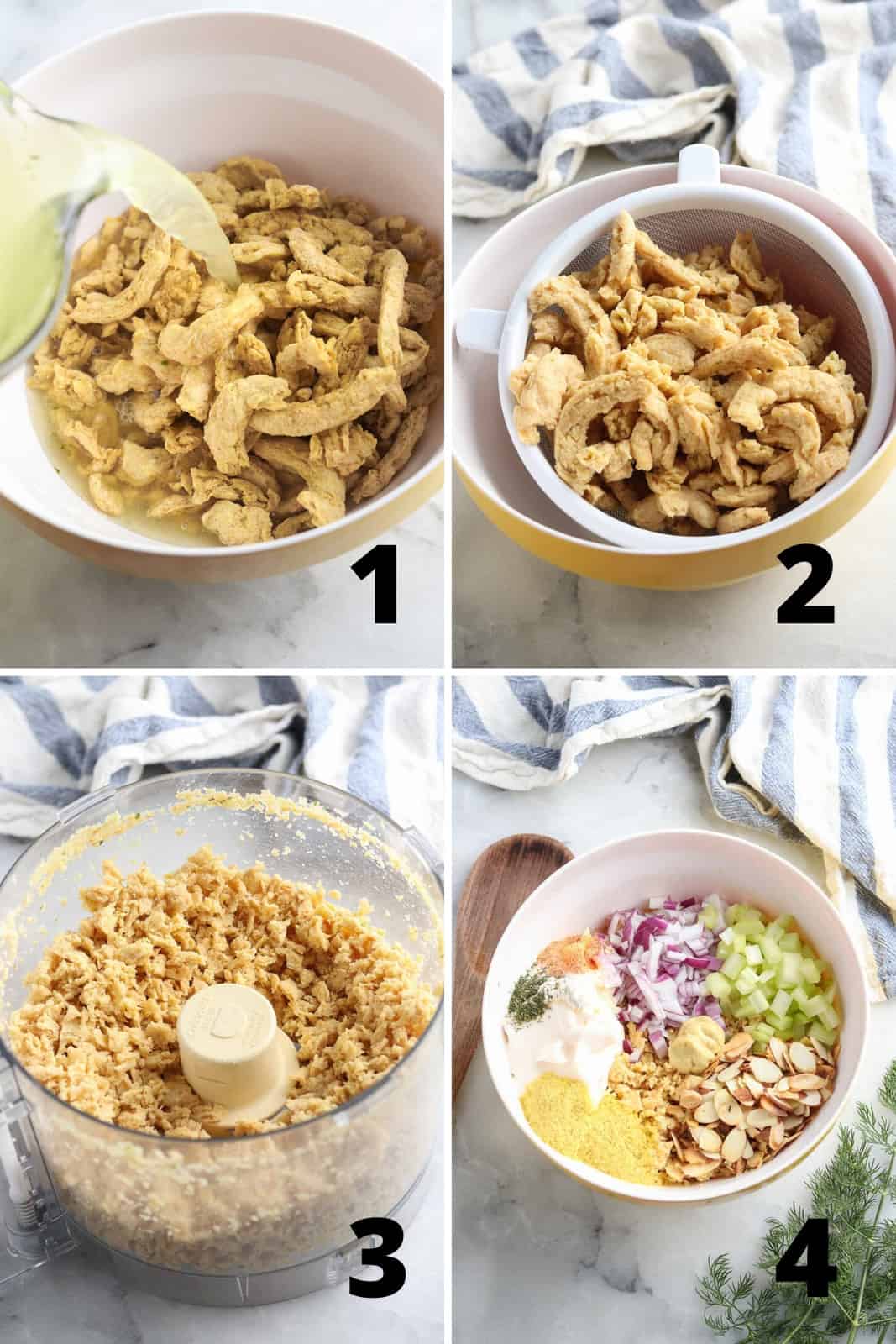 four overhead process photos showing soaking the soy curls, draining them, food processing them, and mixing everything together