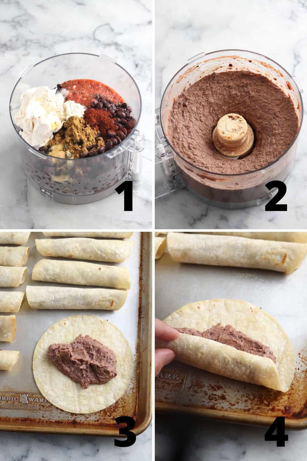 collage of four showing ingredients and steps for how to make black bean taquitos: process beans in a blender, stuff taquitos, and roll them up.