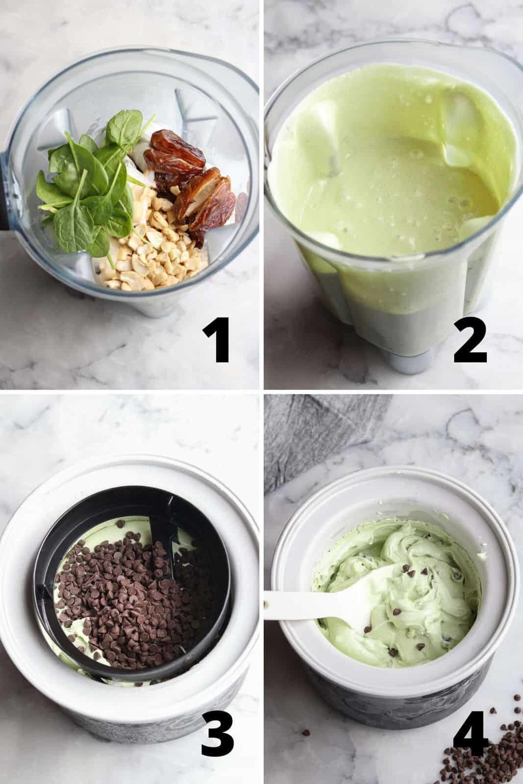 step by step photo collage of how to make vegan mint chocolate chip ice cream