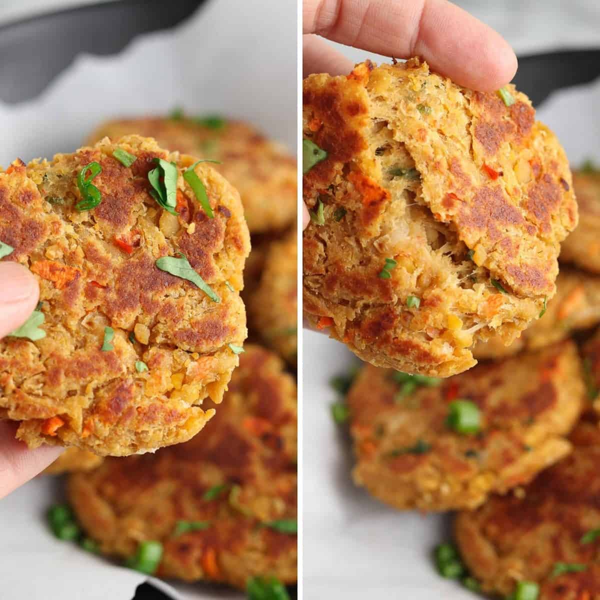 2 collage photos showing the chewy inside of chickpea patties