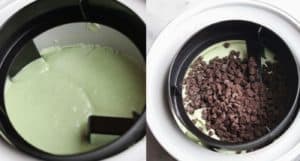 collage of mint chip ice cream in an ice cream maker, part of instructions for how to make vegan mint chip ice cream