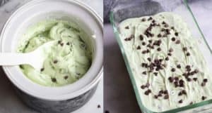 collage of soft serve mint chip ice cream and frozen mint chip ice cream in a container