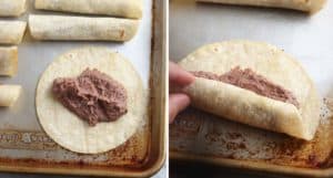 collage of 2 photos for how to roll up taquitos with vegan bean filling