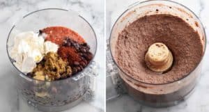 collage of 2 photos for ingredients for vegan taquitos in a blender: black beans, vegan cream cheese, seasonings