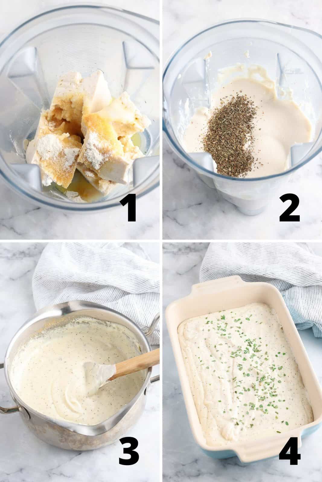 collage of photos for how to make vegan feta cheese in a blender