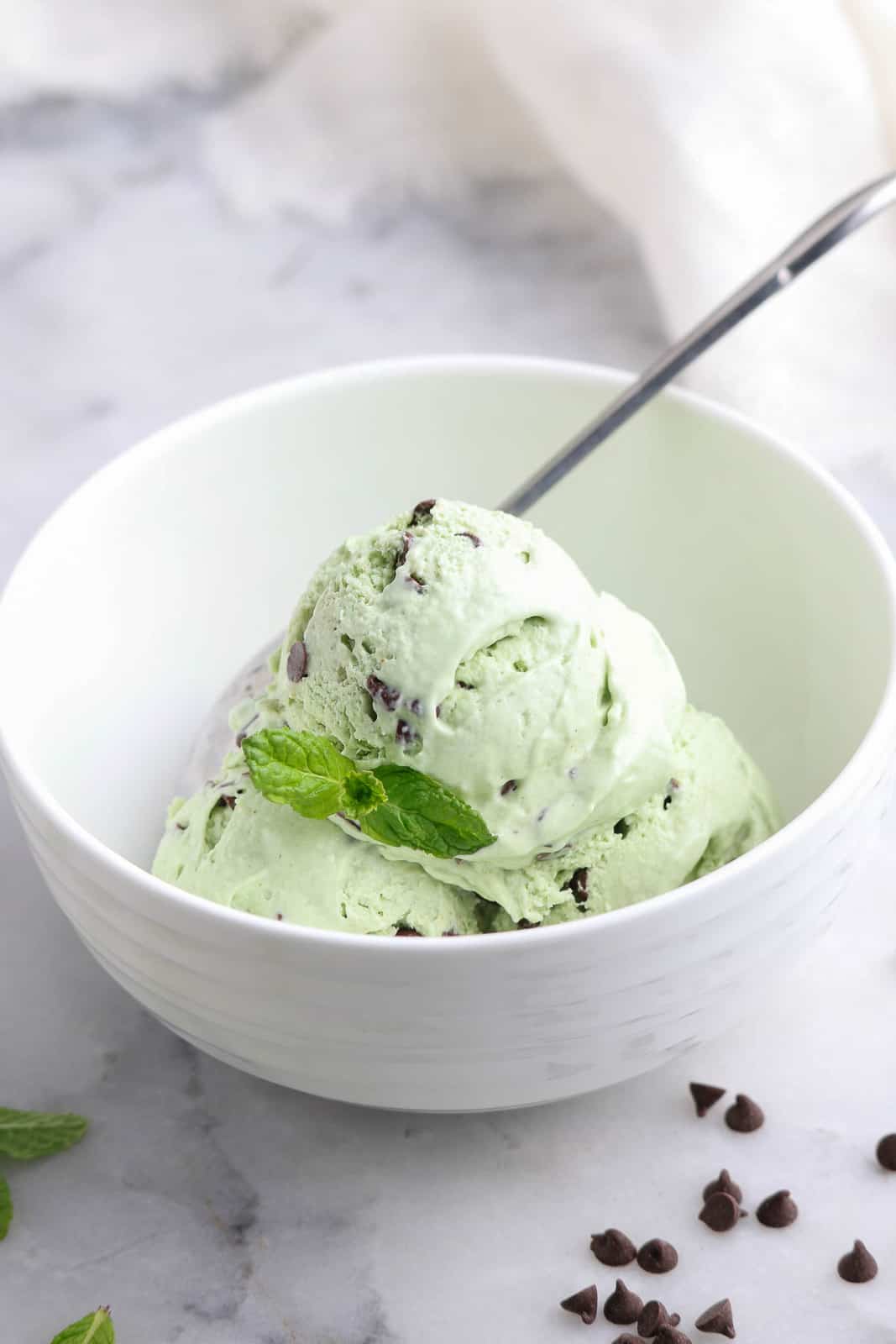scoops of mint chip vegan ice cream in a white bowl with mint and chocolate chips as garnish