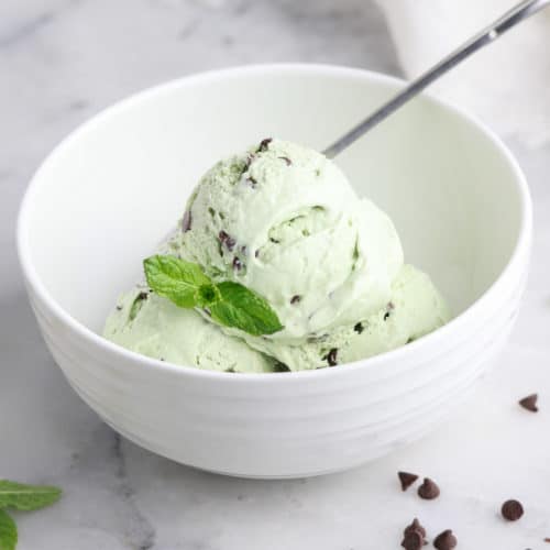side overhead shot showing scoops of mint chocolate chip ice cream in a white bowl