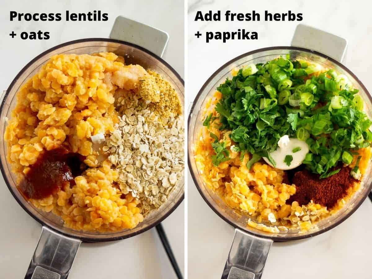 collage of 2 photos for how to make vegan lentil patties in a food processor