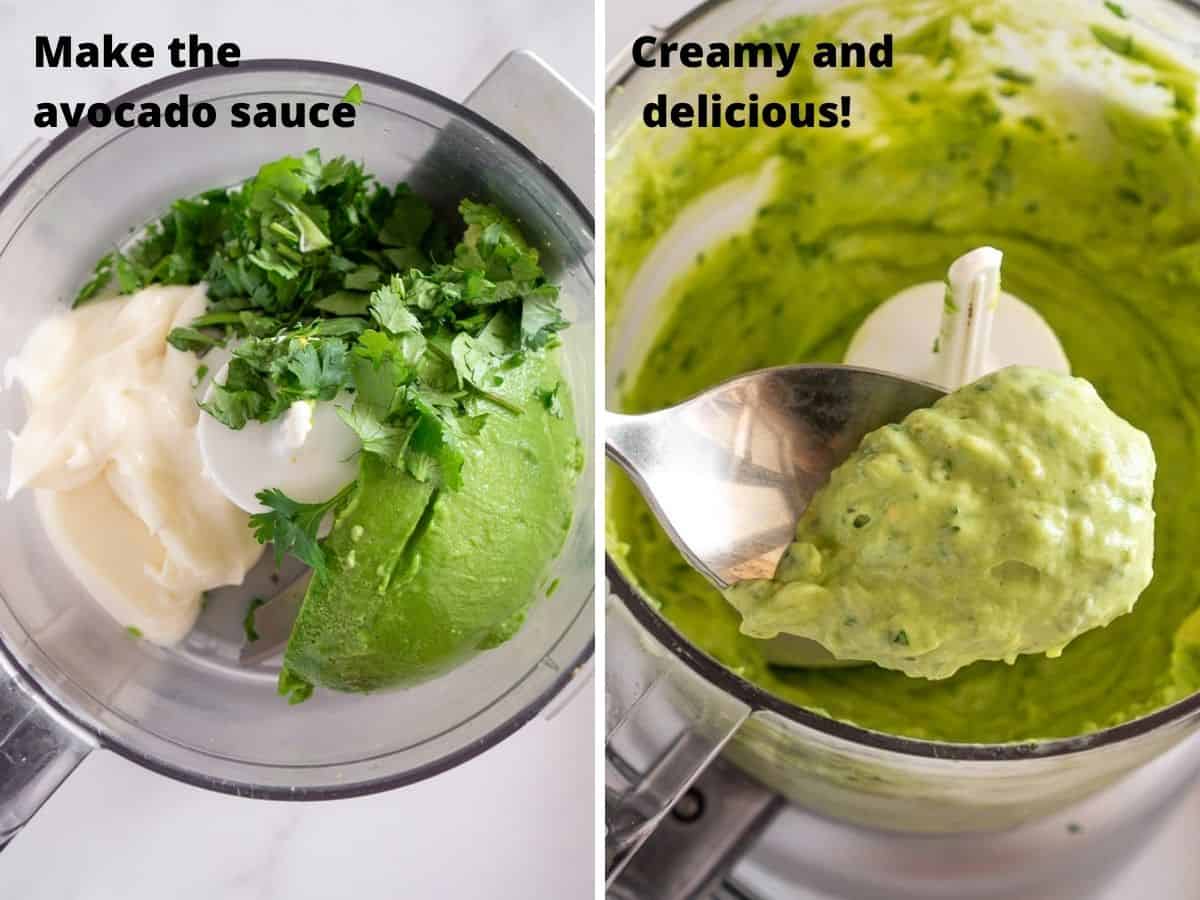collage of 2 photos for how to make vegan avocado sauce in a food processor