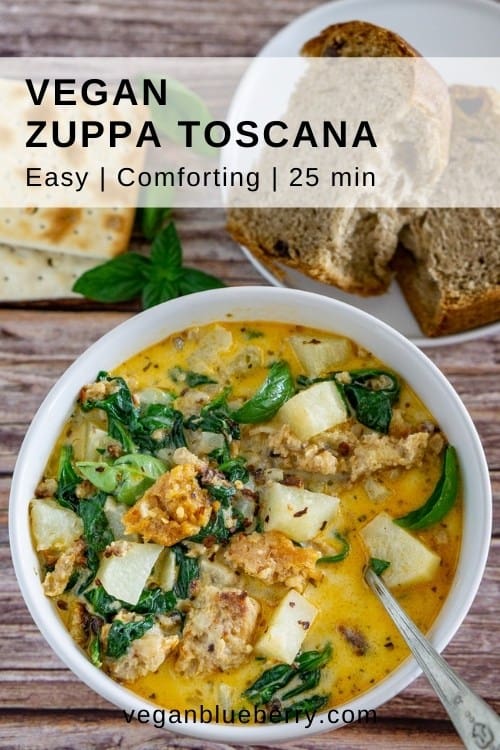 pinnable image of a bowl of vegan zuppa toscana in a white bowl