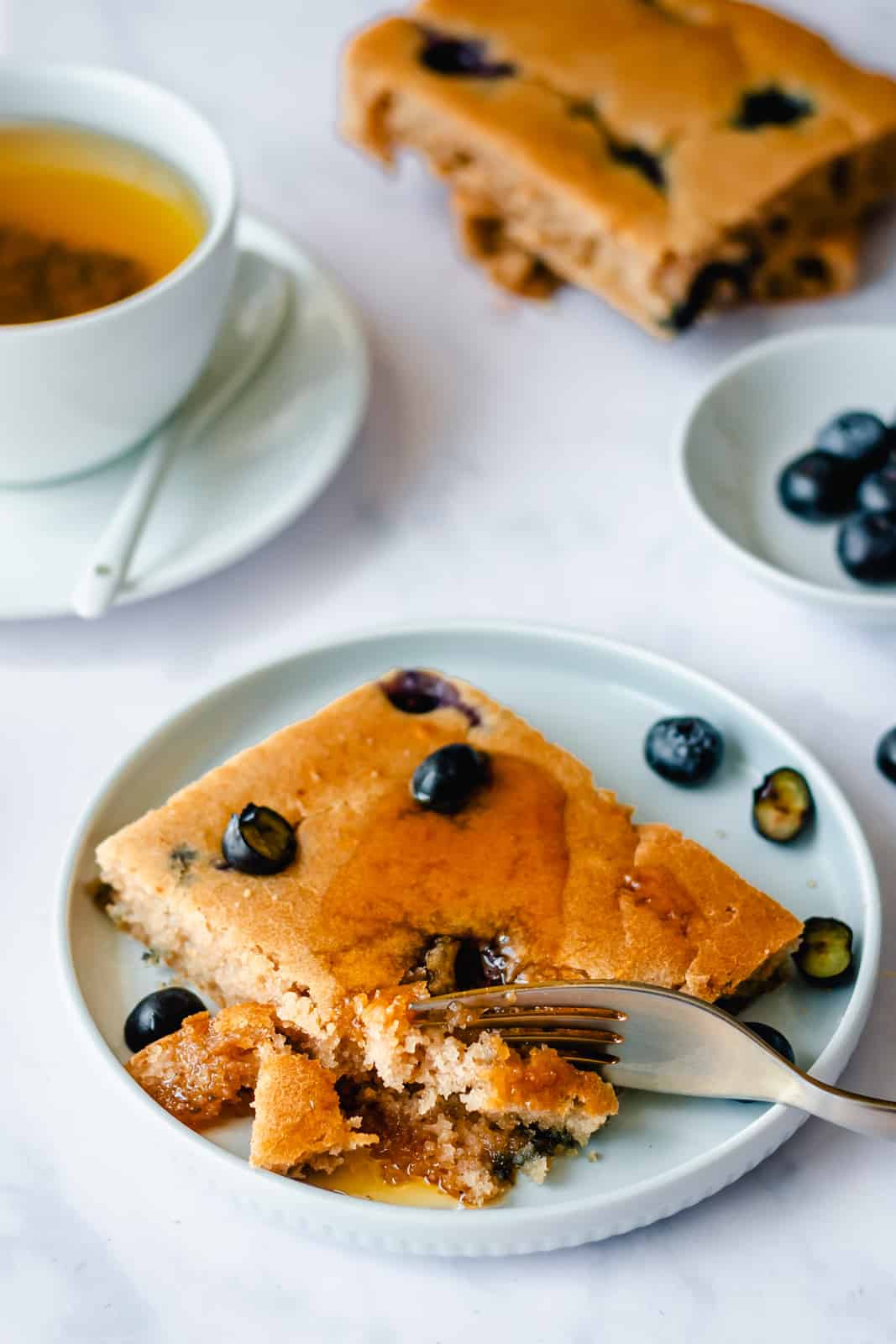 fork digging into vegan sheet pan pancakes