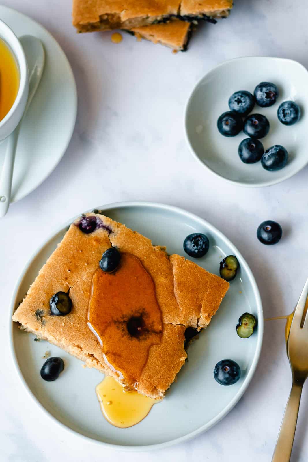 overhead image of blueberry vegan sheet pan pancakes