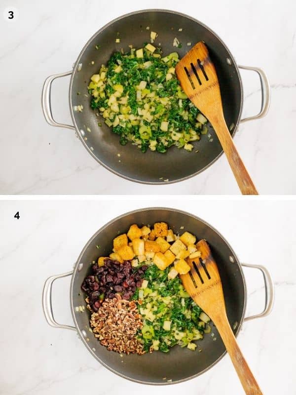 collage of steps for how to make vegan stuffing for acorn squash or a vegan thanksgiving