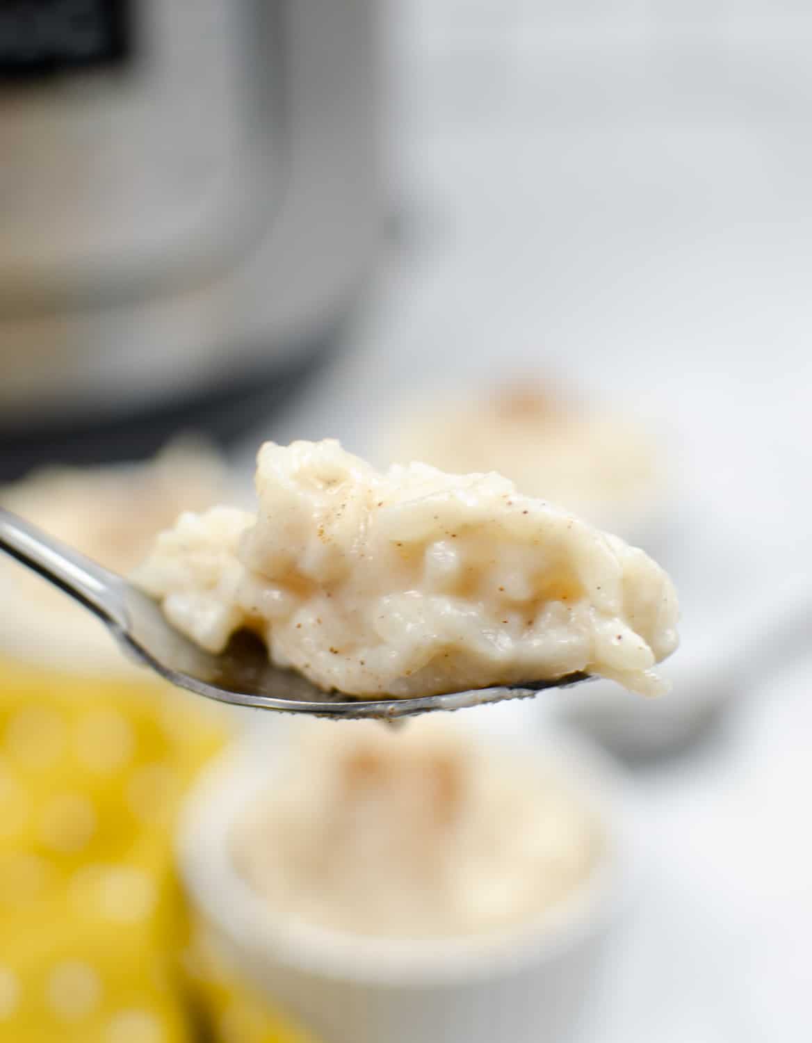 cinnamon rice pudding on a spoon, with an instant pot in the background