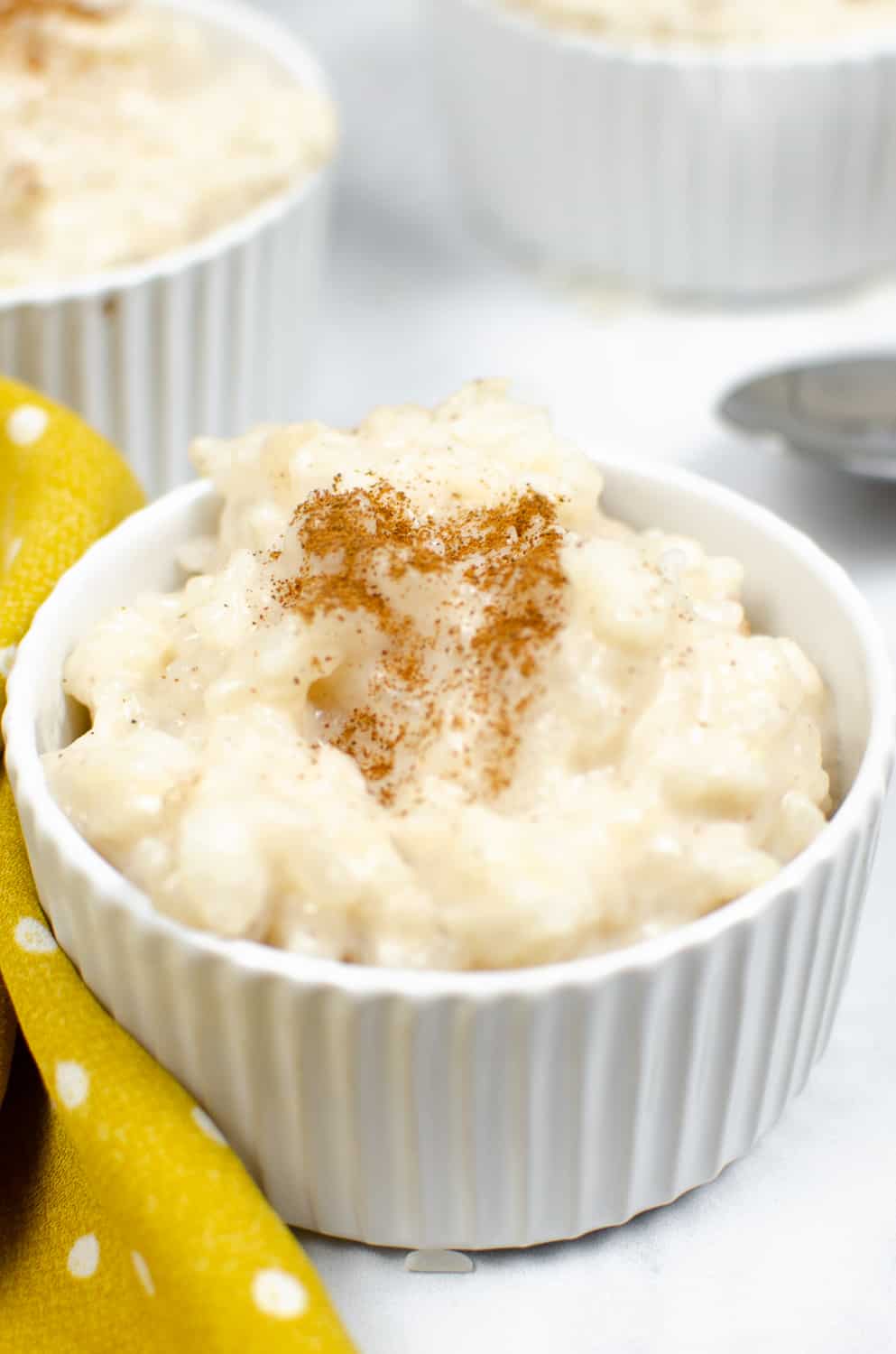 close up of cinnamon vegan rice pudding in a ramekin