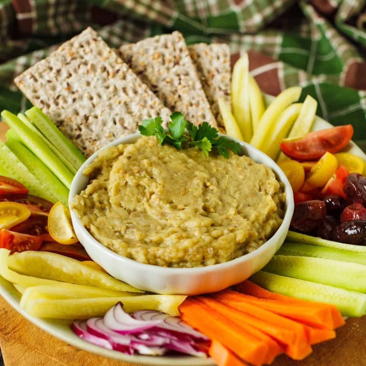 vegan appetizer plate with baba ganoush