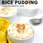 pinnable image of instant pot vegan rice pudding in a ramekin