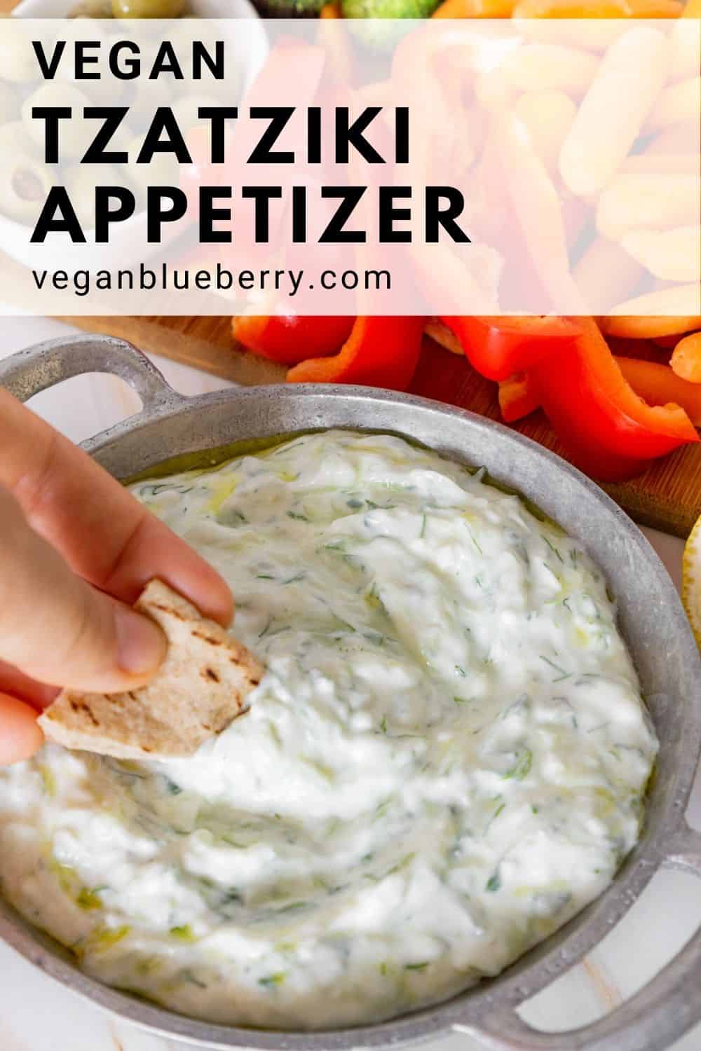 pinnable image of vegan tzatziki dip / plant based appetizer