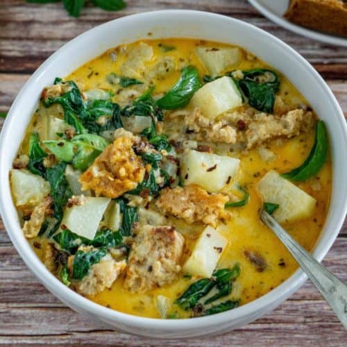 vegan zuppa toscana in a white bowl