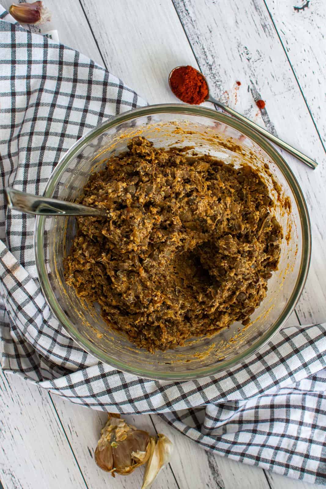 vegan, gluten-free lentil cake mixture in a bowl