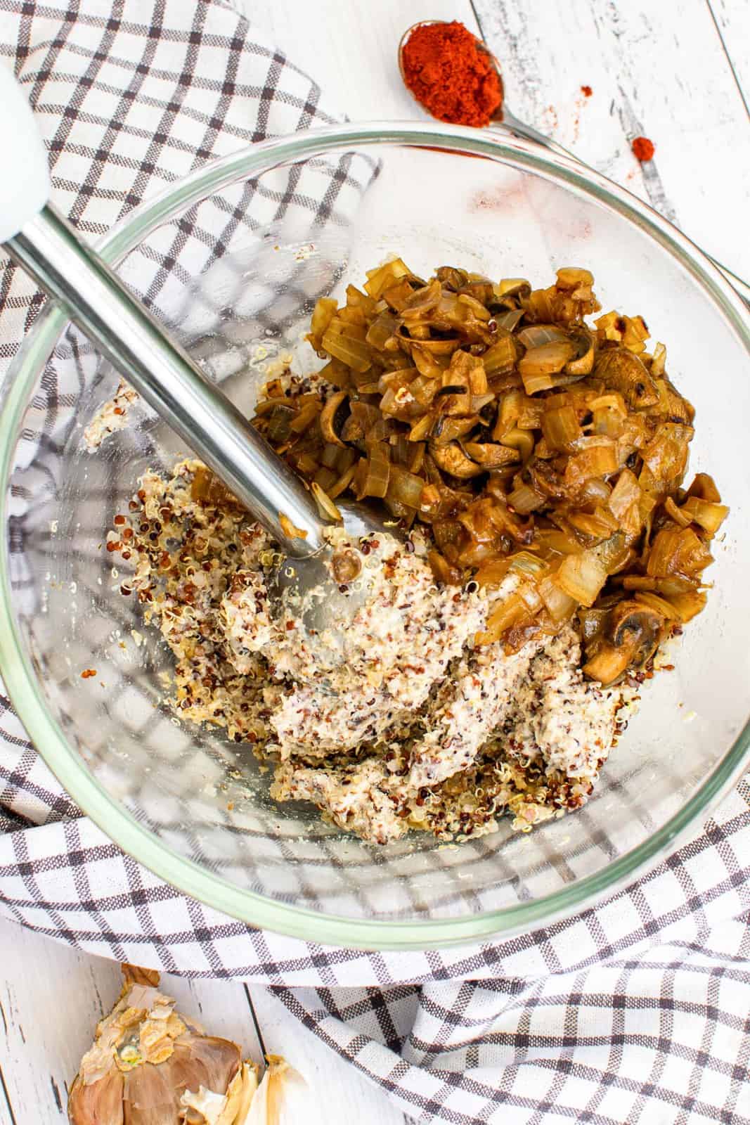 using an immersion blender to make the dough for lentil cakes