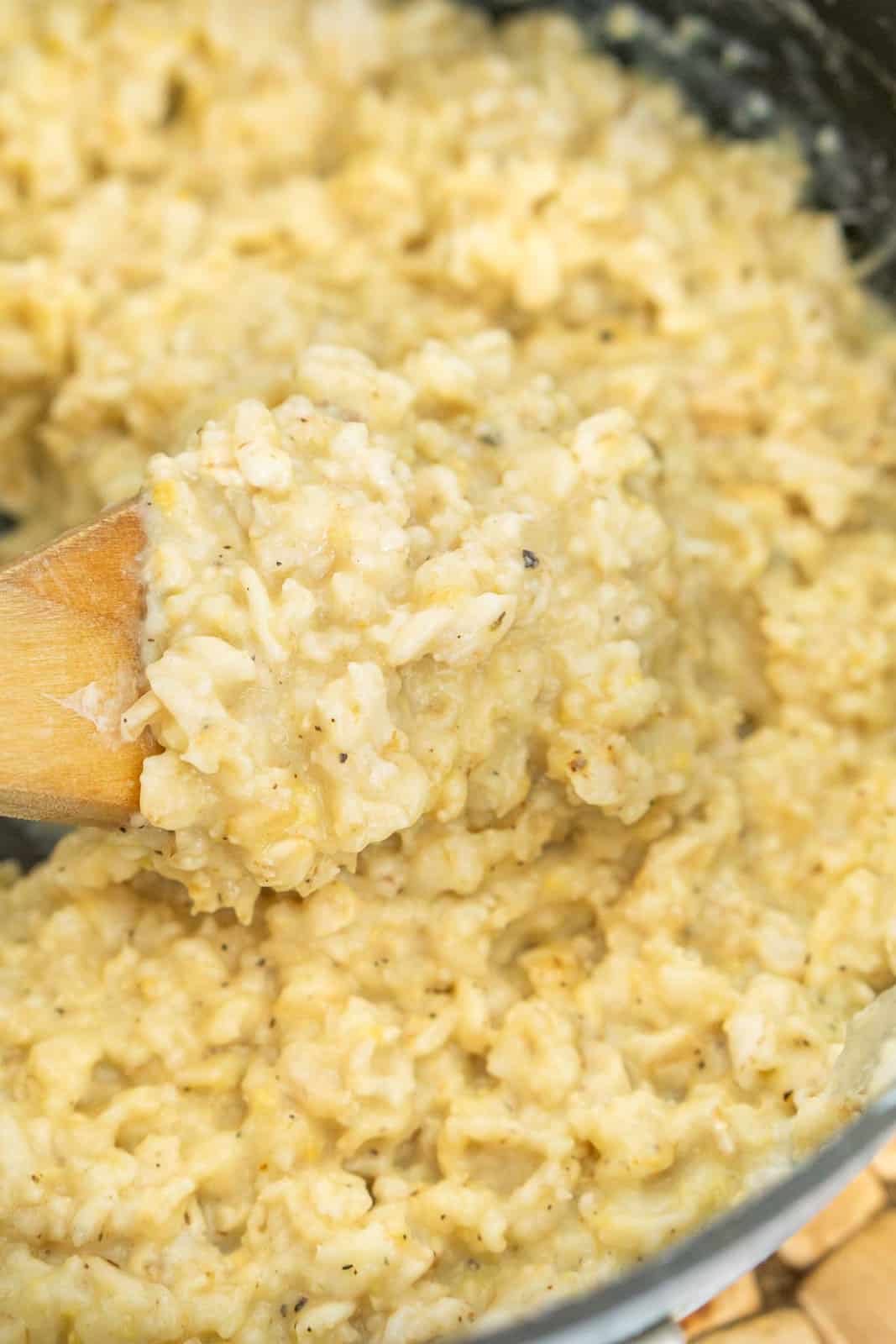 Closeup of a pan of savory oatmeal.