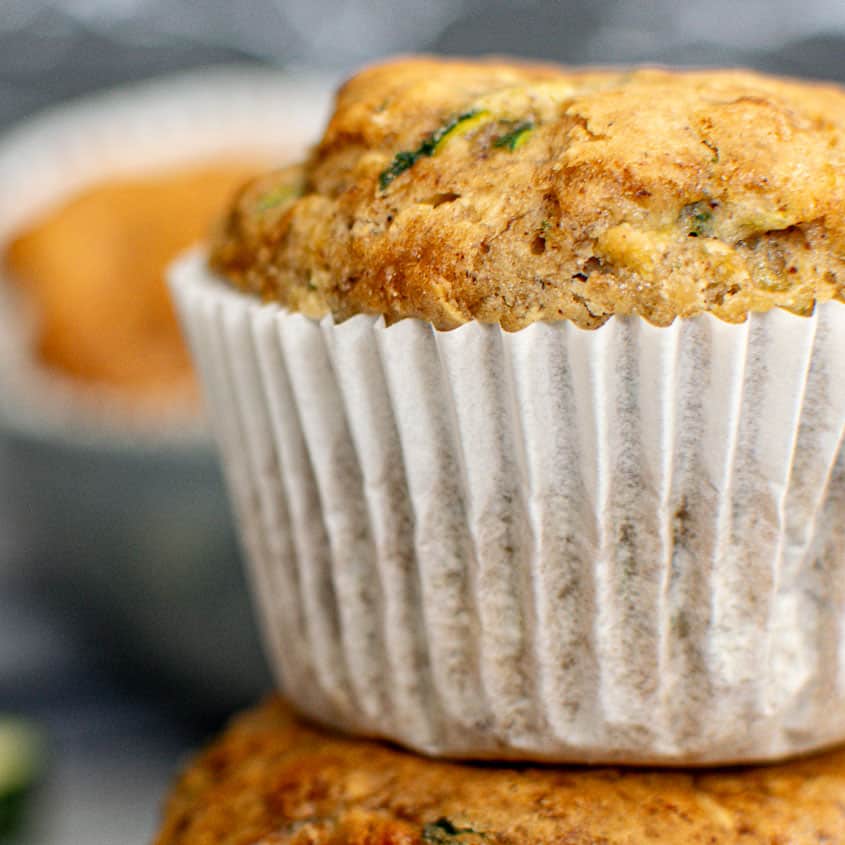 Close up of a vegan zucchini muffin.