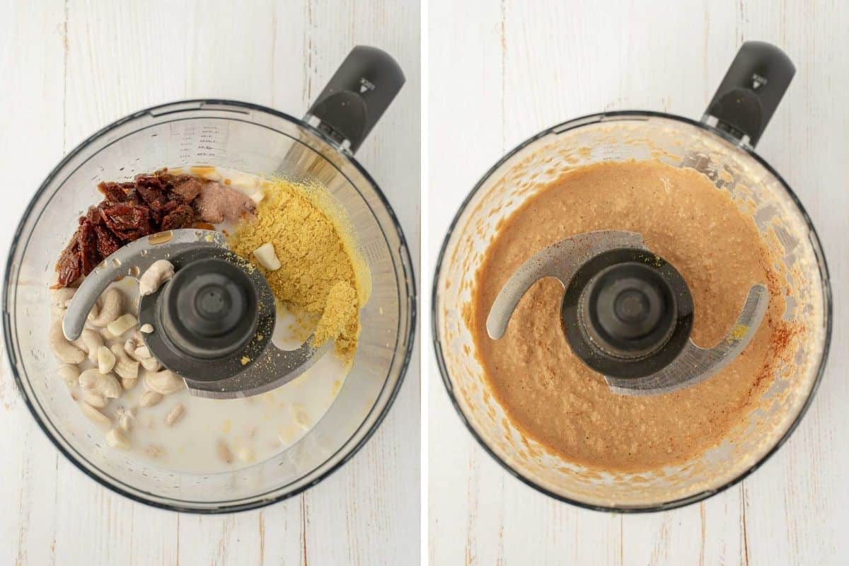 Collage of 2 pictures for how to blend vegan cashew cheese in a food processor.