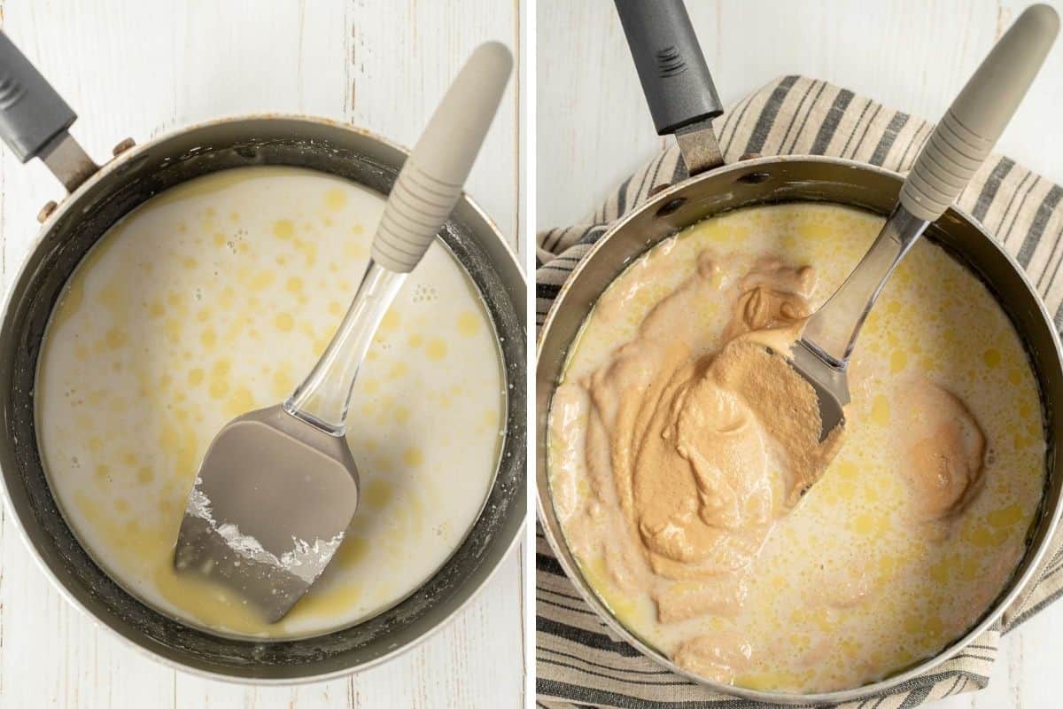 Collage of 2 pictures cooking vegan cheese dip.