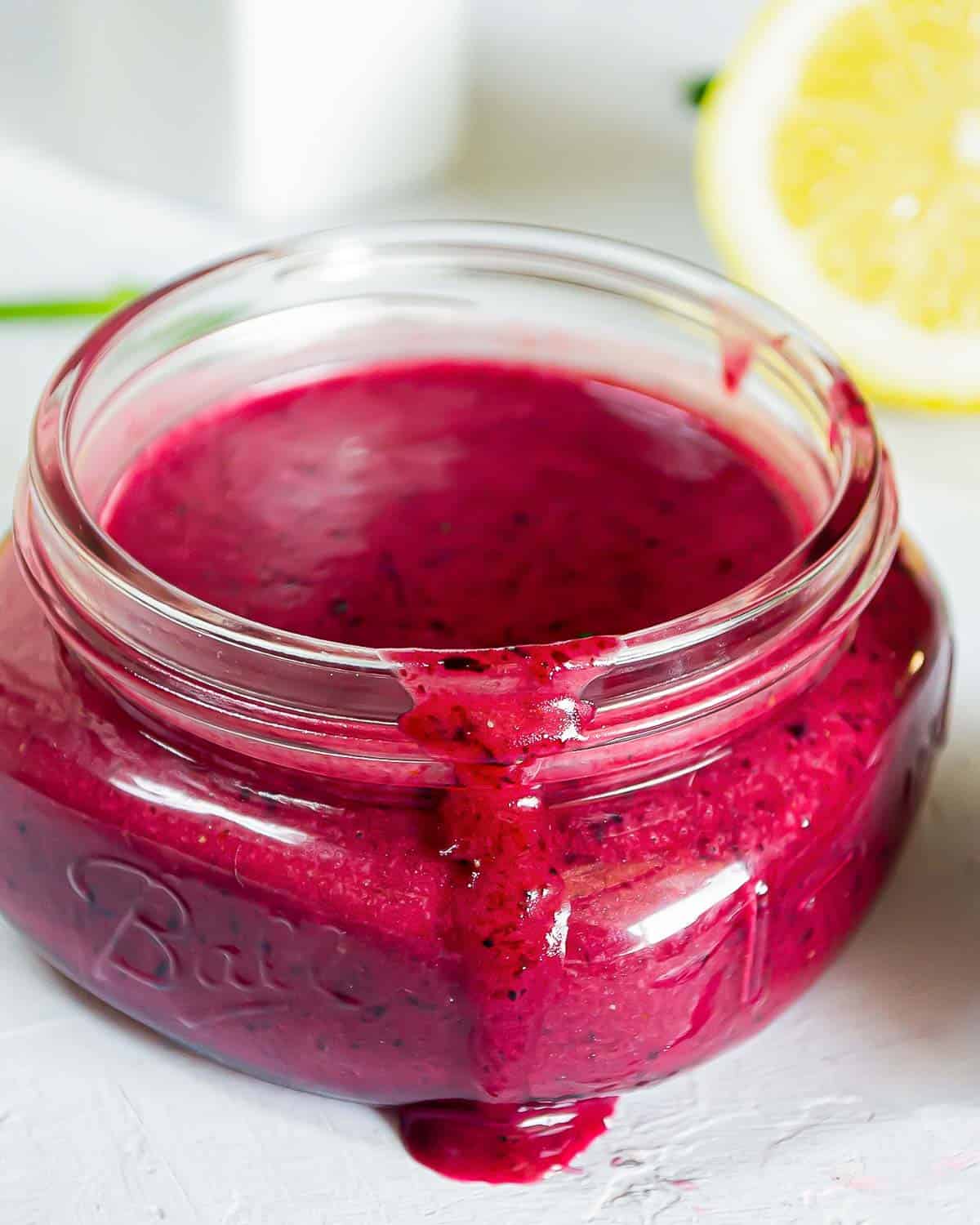 Blueberry vinaigrette in a jar.