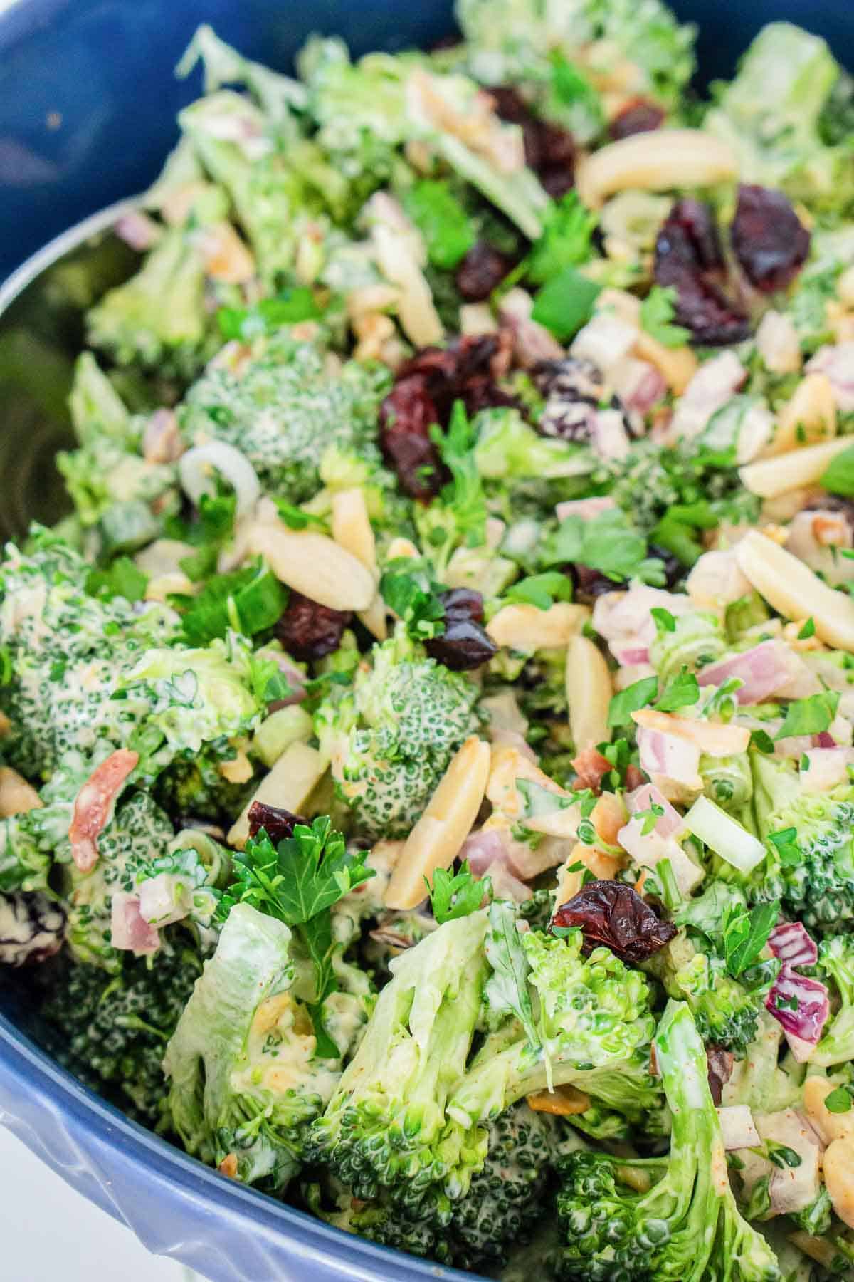 Vegan broccoli salad with vegan mayo.