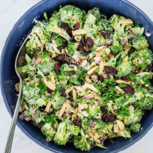 Broccoli salad in a bowl.