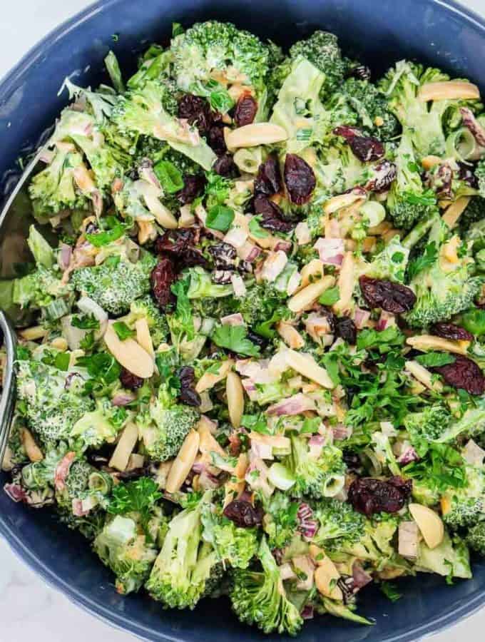 Broccoli salad in a bowl.