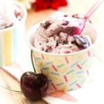 Vegan cherry garcia ice cream in a cup.