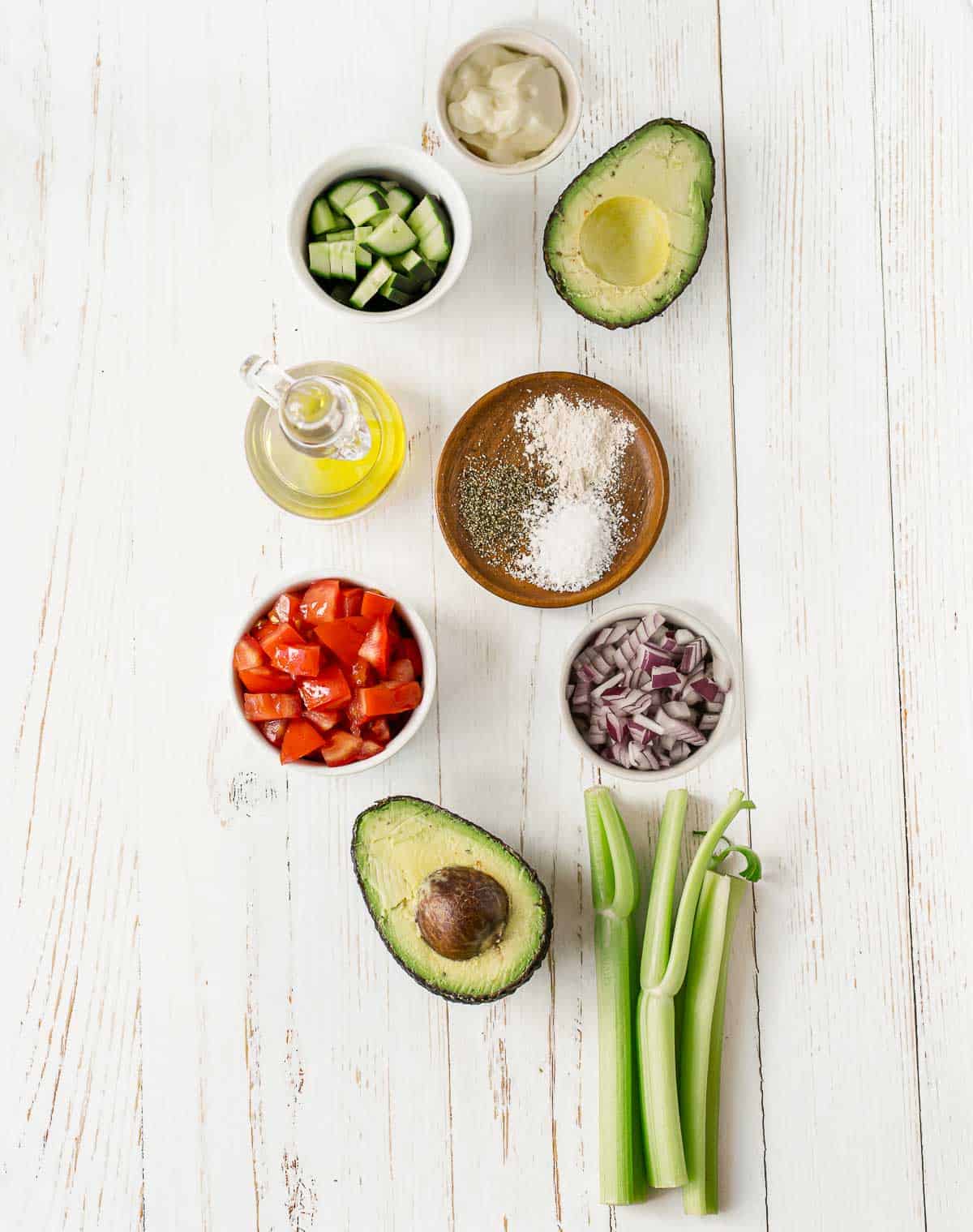 Ingredients to make vegan avocado salad. 