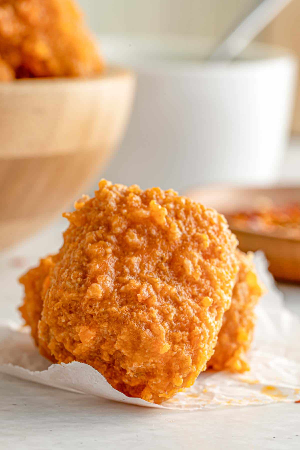 Closeup of a buffalo tofu nugget.