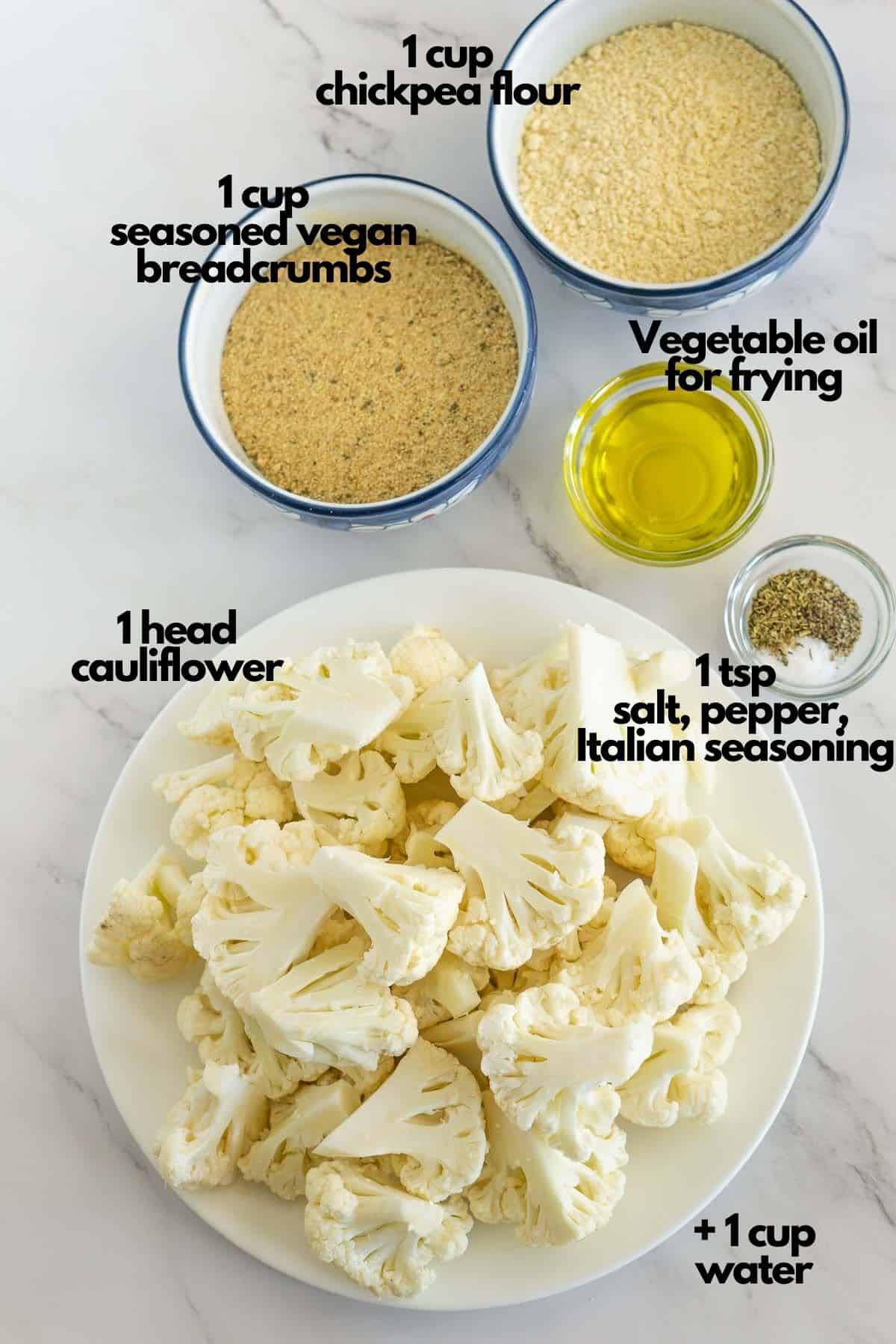 Ingredients to make vegan fried cauliflower with text.