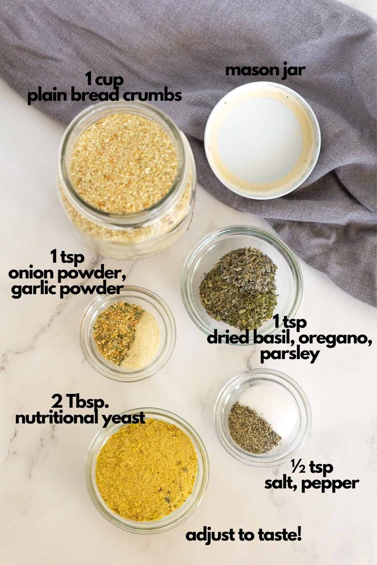Ingredients to make vegan seasoned breadcrumbs.