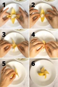 Collage of step by step pictures for how to fold wonton into crab rangoon.