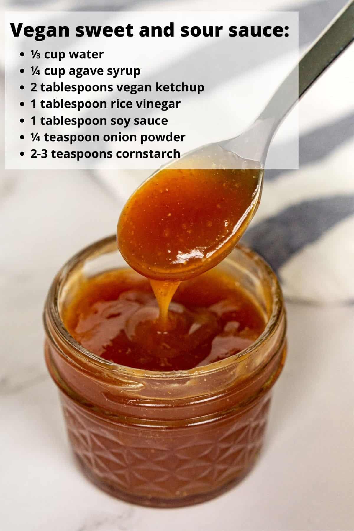 Vegan sweet and sour sauce in a small jar with text listing ingredients.